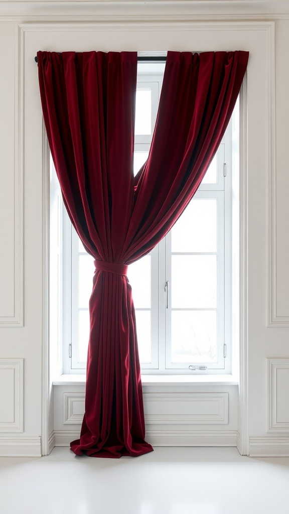 Rich burgundy velvet drapes hanging elegantly in a window
