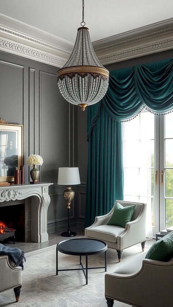 Room with rich emerald green drapes, grey walls, chandelier, and light grey furniture
