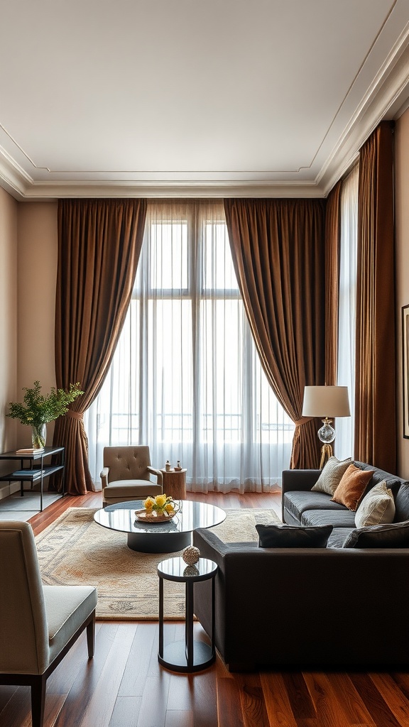 A living room featuring rich espresso curtains on large windows, contrasting with beige walls and stylish furniture.
