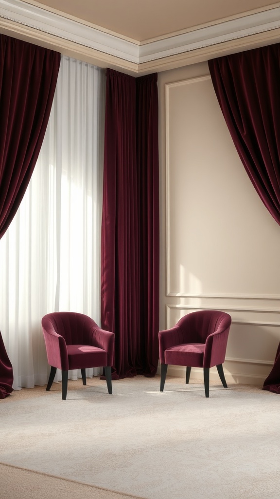 Interior view showcasing rich burgundy velvet drapes with cream walls and two stylish velvet chairs