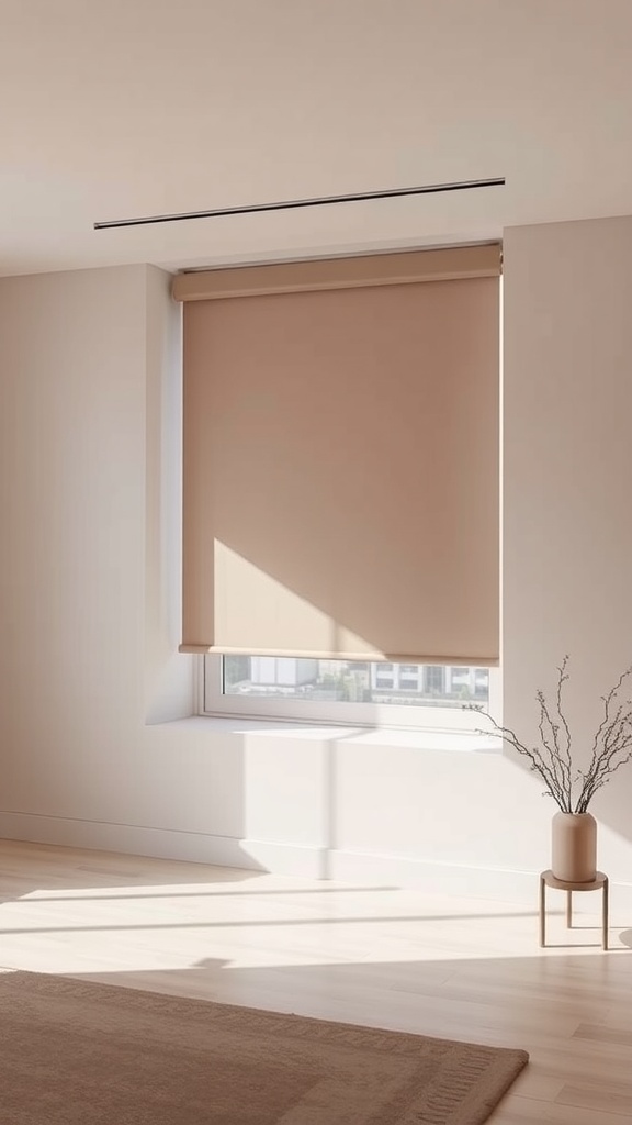 A room with a neutral-toned roller blind covering a window, allowing soft sunlight to enter.