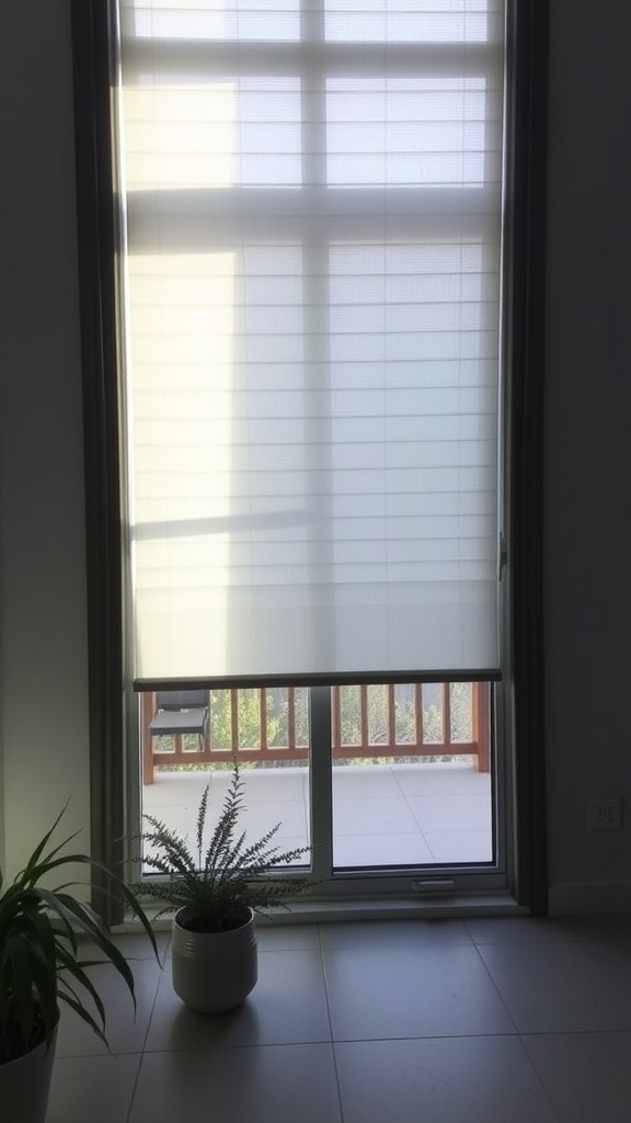 A view of roller shades on sliding glass doors with plants and balcony view.