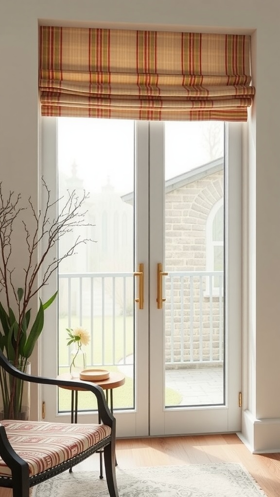 A cozy room featuring roman shades on sliding glass doors, with a plaid pattern and a comfortable chair.