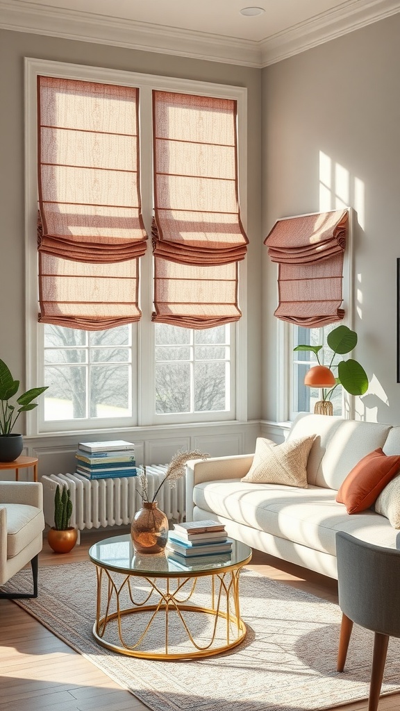 Cozy room with three roman shades in warm tones, sunlight filtering through windows, stylish furnishings, and a modern decor.
