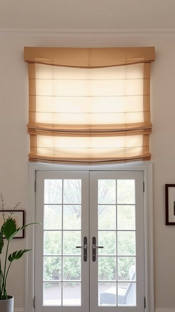 A set of sliding glass doors with a soft, beige Roman shade above, filtering light elegantly.