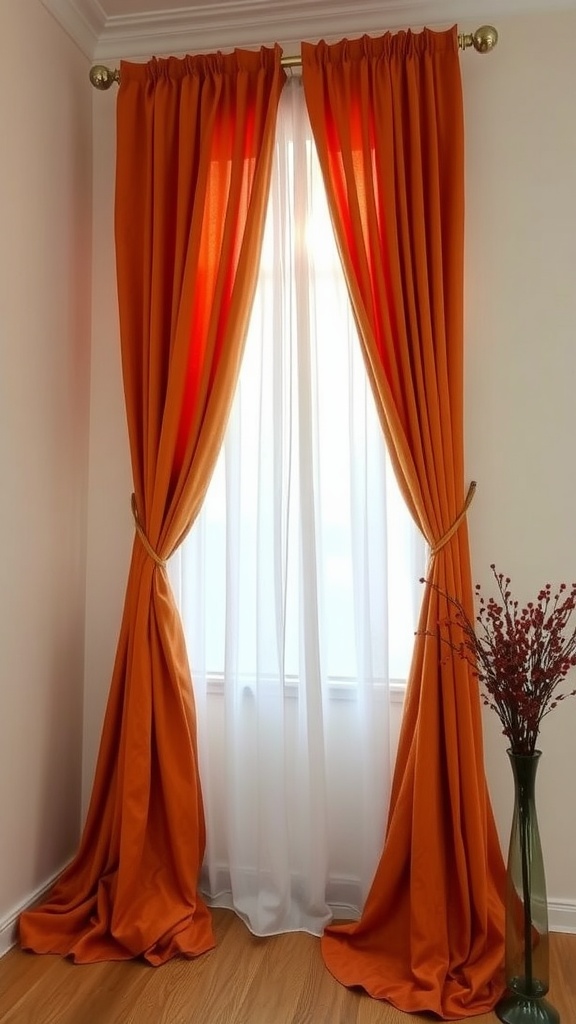 Two rust orange flowing curtains hanging against a white wall