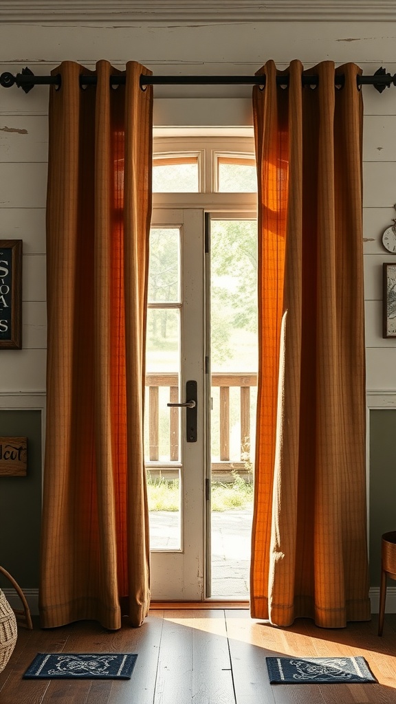 Rustic barn door style curtains in warm tones hanging over sliding glass door