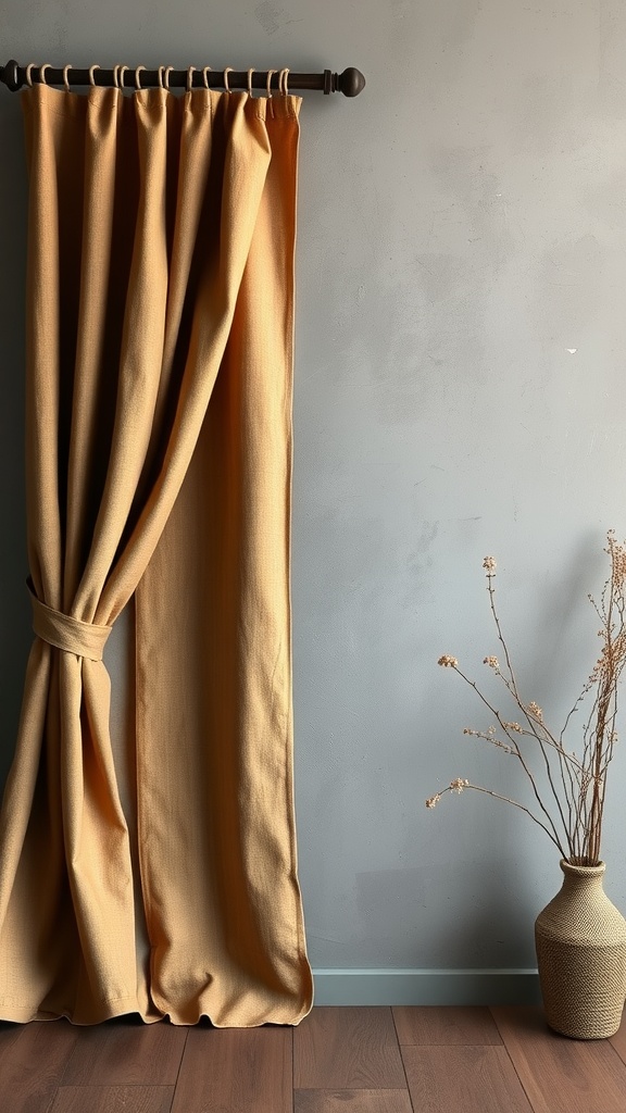 A rustic brown canvas drape hanging against a grey wall with a decorative vase beside it.