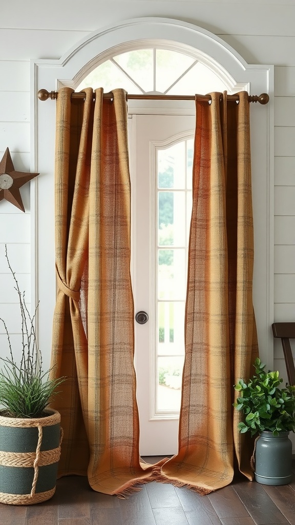 A pair of rustic burlap curtains hanging over a patio door, tied back for an open look, with a light wooden frame and potted plants nearby.