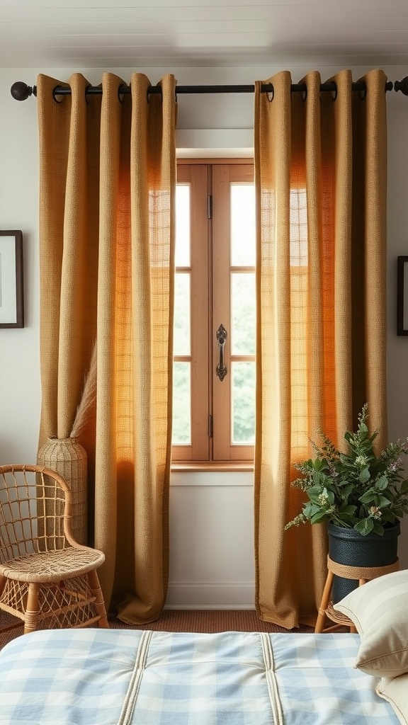 A cozy bedroom featuring rustic burlap curtains framing a window, a rattan chair, and a patterned bedspread