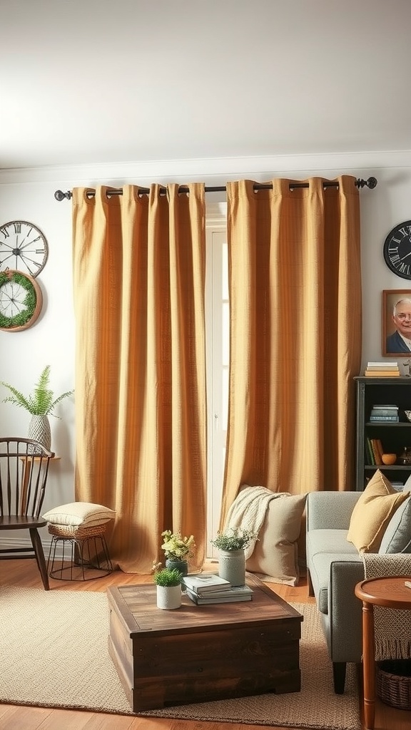 Cozy living room with rustic burlap curtains, wooden furniture, and decorative accents