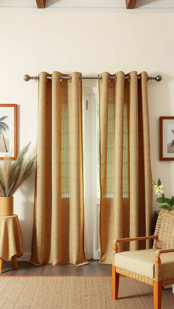 Rustic burlap curtains hanging in a room with cream walls and natural decor
