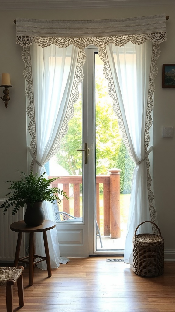 Sheer white curtains with crochet edges framing a sliding glass door, with a view of a balcony and wooden railing outside.