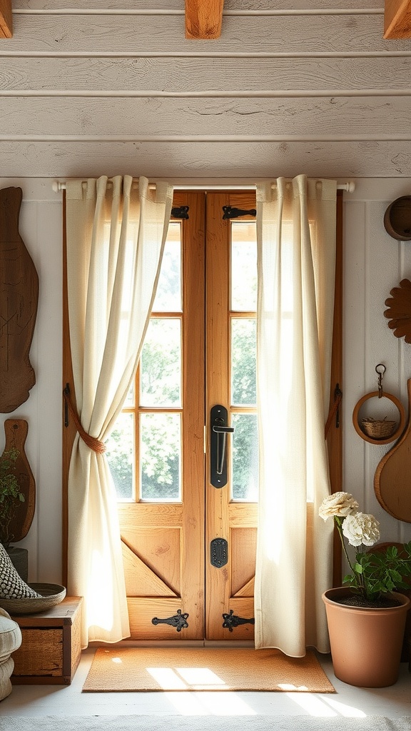 A patio door with rustic linen panels, featuring a charming wooden frame and potted plants.