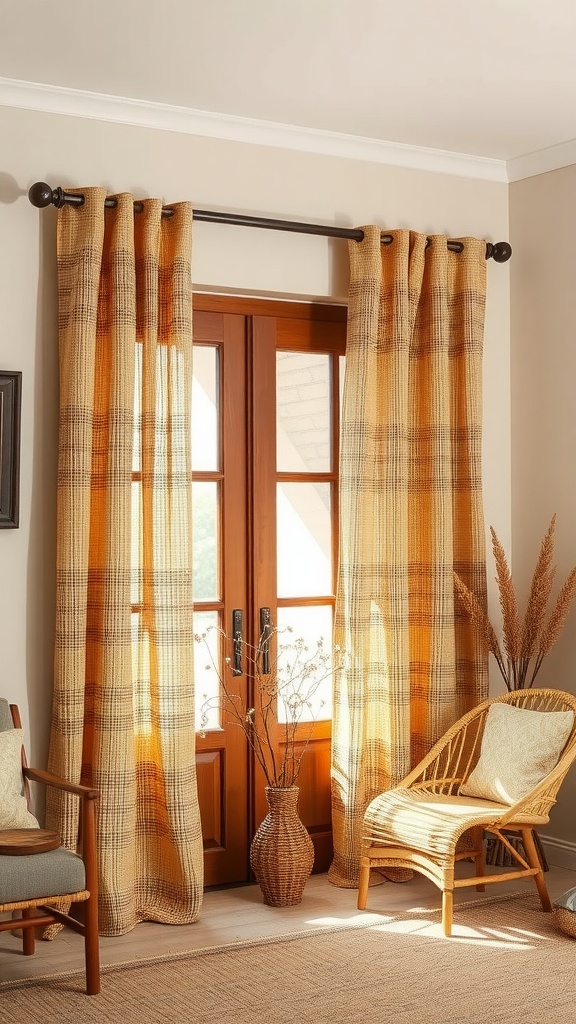 Rustic woven curtains in a cozy room with beige walls and wooden accents.