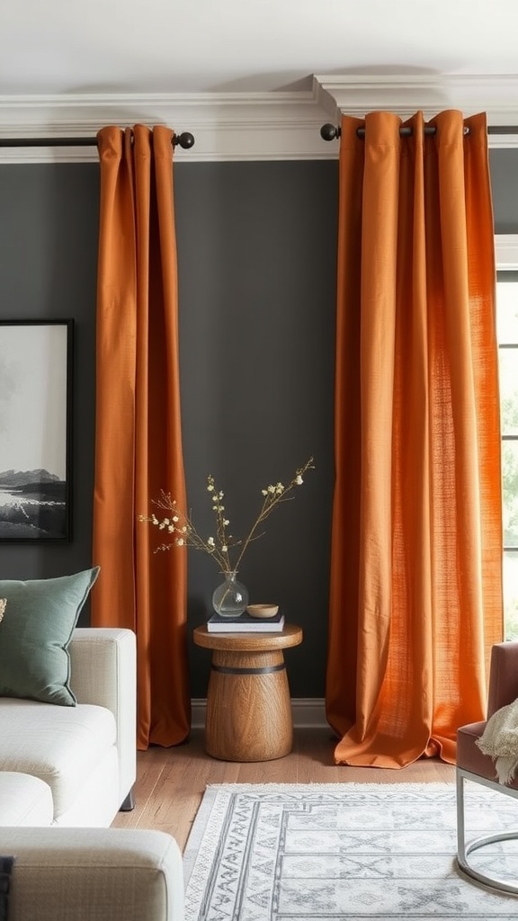 Rusty orange linen drapes hanging on grey wall with decorative elements.