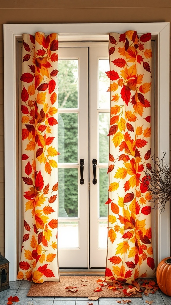 Curtains with autumn leaves pattern hanging over a patio door.