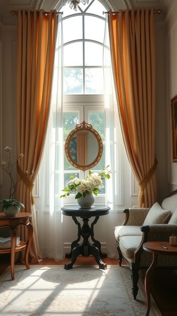 Bright room with sheer curtains and elegant drapes framing a large window, featuring a small table with flowers and a cozy sofa.