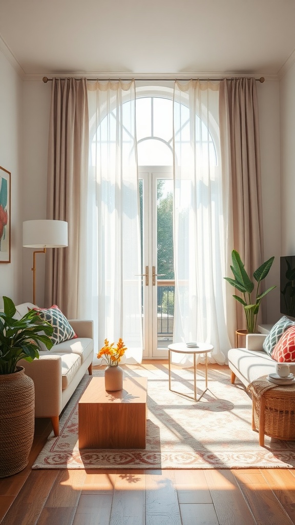 A cozy living room with sheer curtains allowing sunlight to brighten the space.