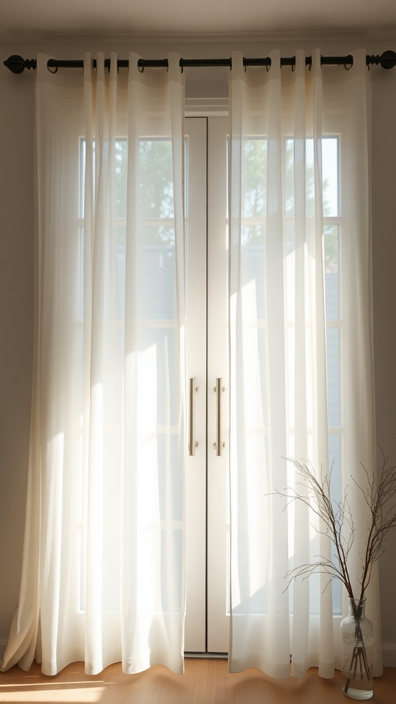 Sheer curtains hanging over sliding glass doors, allowing light to filter in.