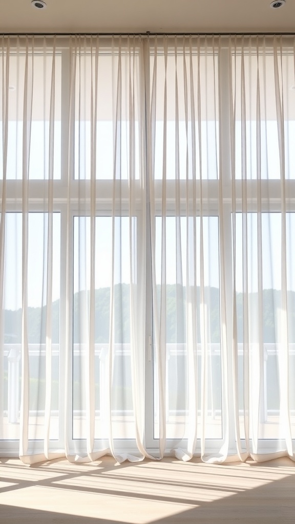 Light sheer curtains layered over large windows, allowing natural light to brighten the room