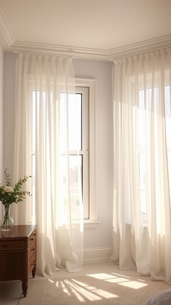 Light and airy sheer voile window panels in a bedroom setting
