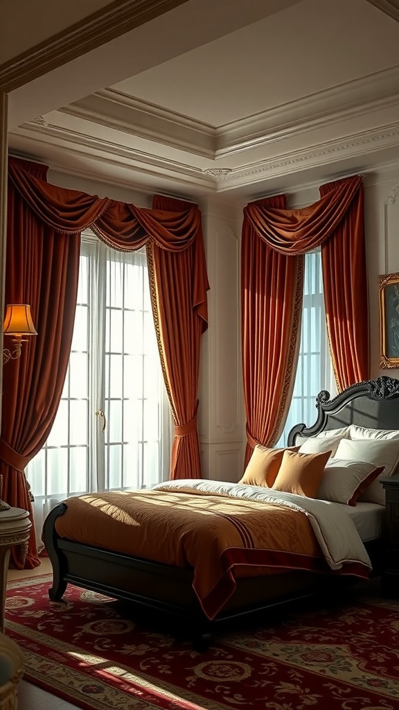 A luxurious bedroom featuring rich silk curtains framing large windows, with warm bedding and elegant furniture.
