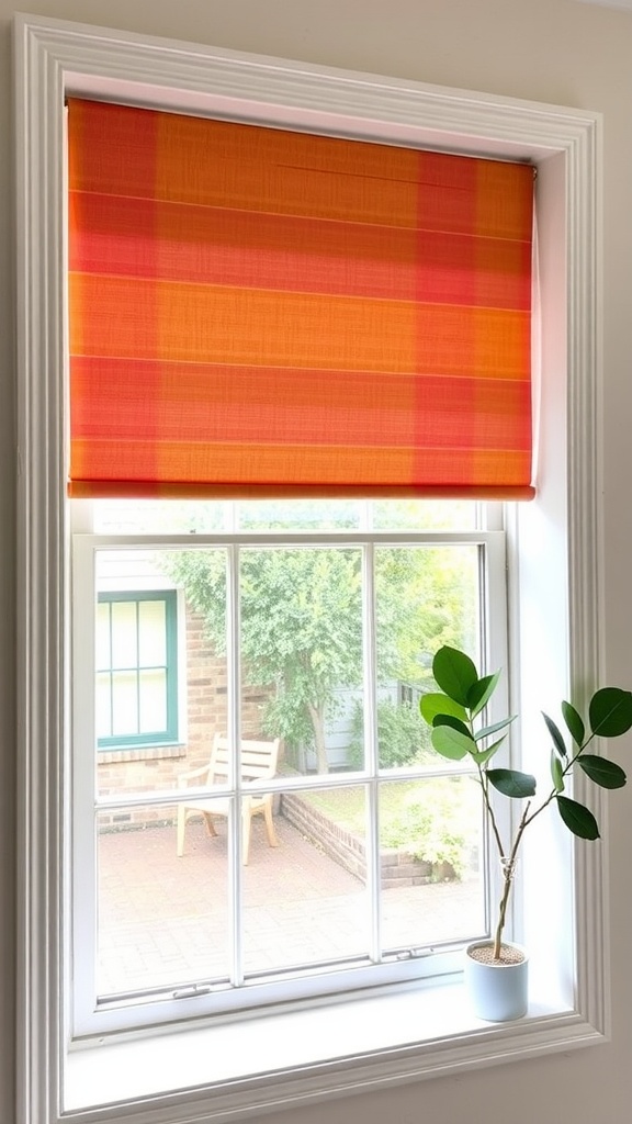 Simple roller blinds in a peach color with a plant in a pot under the window.