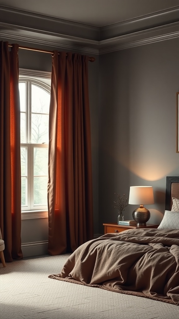 A cozy room featuring sleek chocolate brown curtains against grey walls
