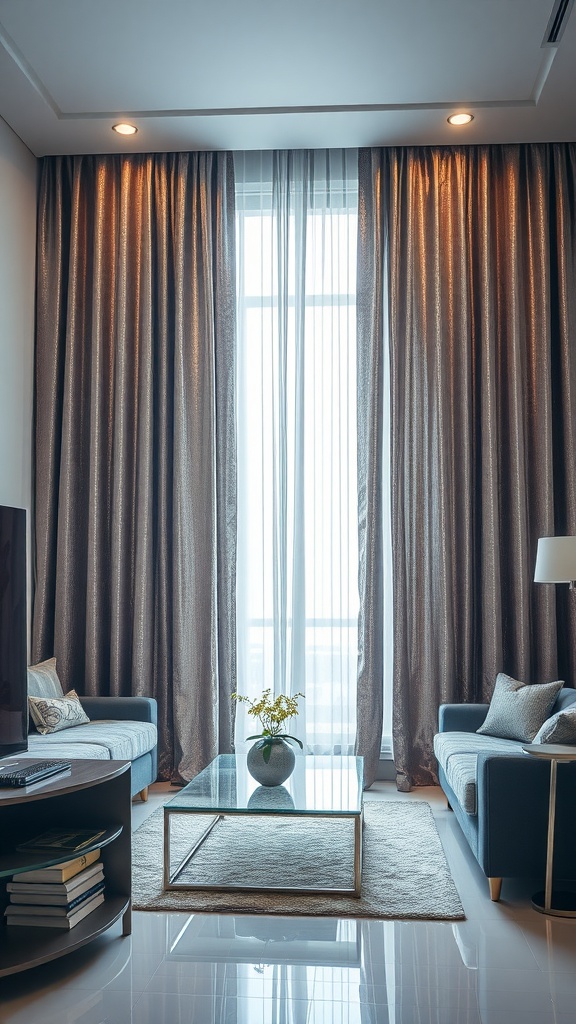A living room with sleek metallic curtains, showcasing a stylish interior with a modern aesthetic.