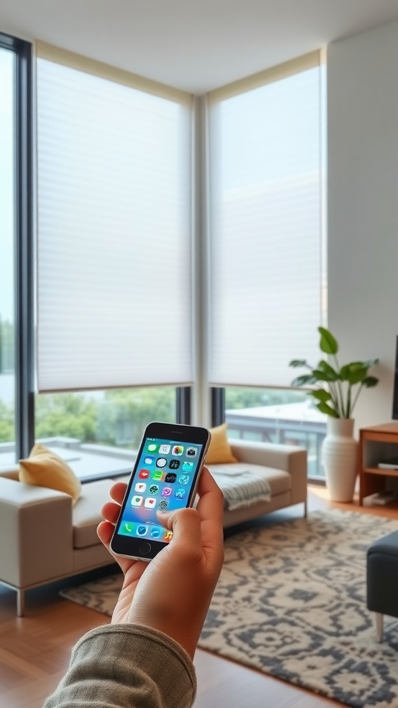 A room with modern smart blinds and a smartphone for control.
