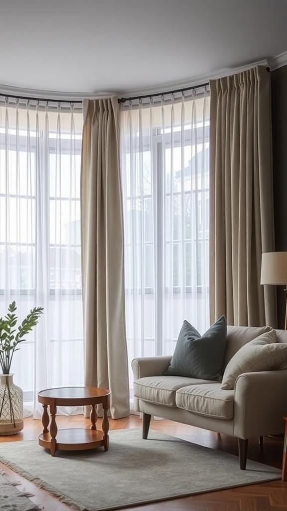 Living room with smart thermal curtains, a cozy couch, and a wooden coffee table