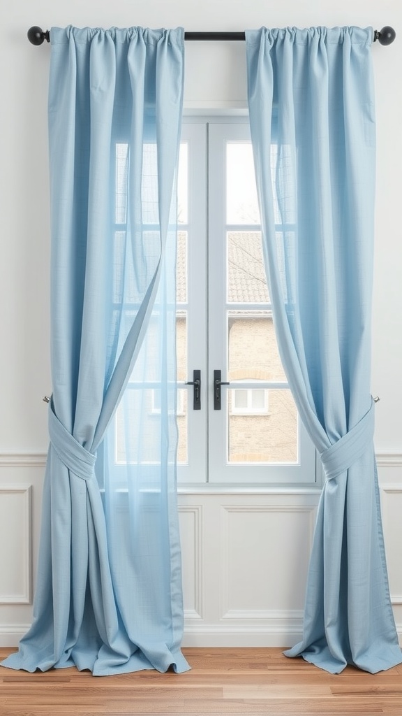 Soft blue linen drapes hanging elegantly in front of a window