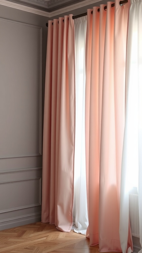 Soft blush pink curtains hanging in a room with grey walls