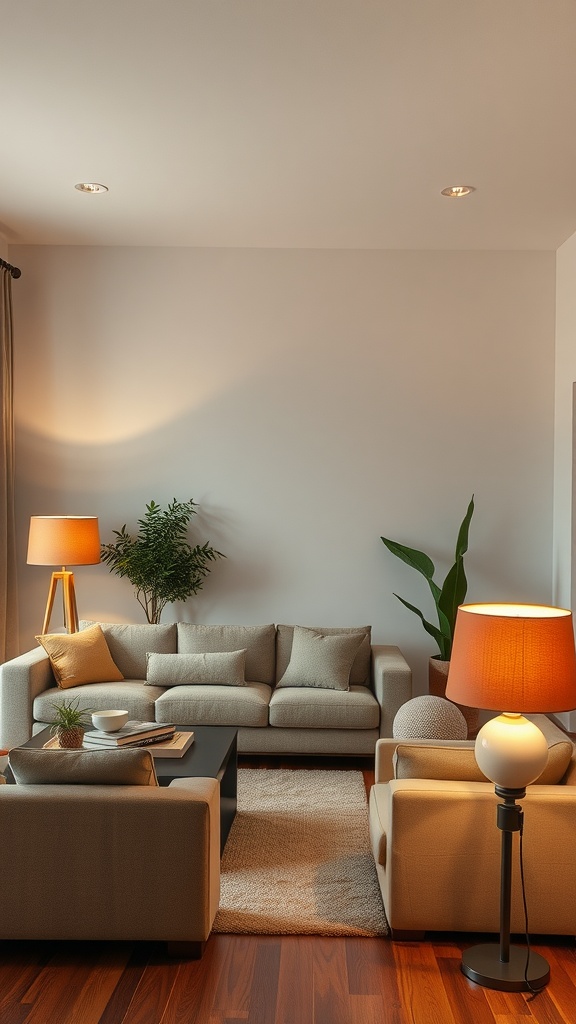 A cozy living room featuring soft lighting, earth-toned furniture, and plants.