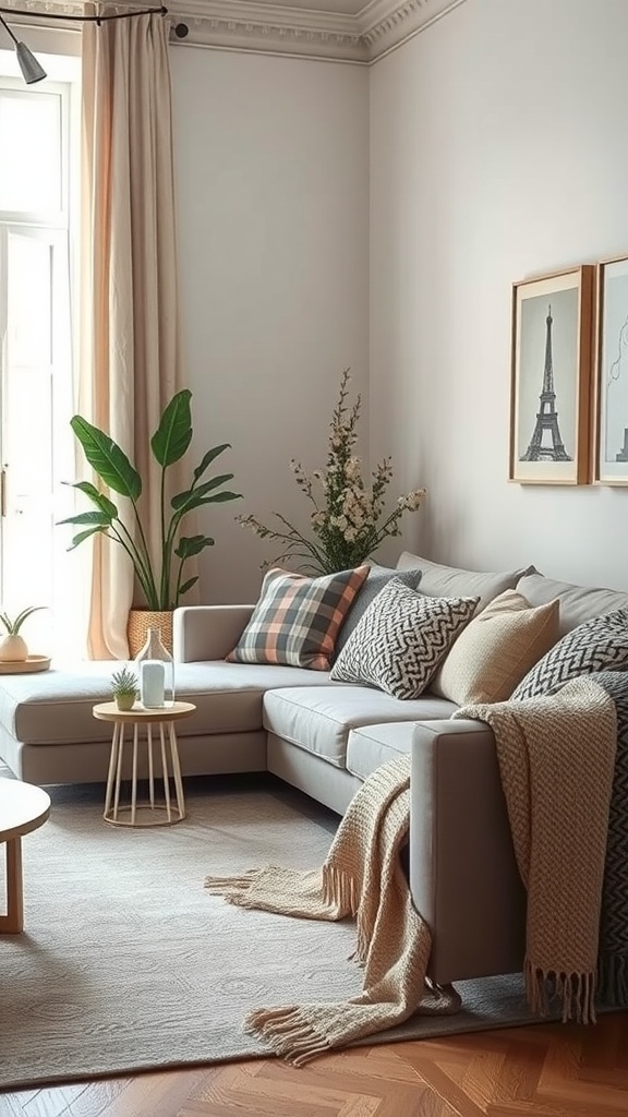 Cozy living room with light gray sectional sofa, various textured pillows, indoor plants, and soft lighting