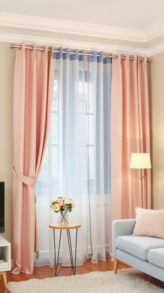 Soft pastel curtains in a living room with cream walls and a light blue sofa.