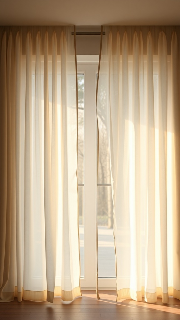 Soft pleated curtains in a warm tone hanging by a patio door, allowing soft sunlight to filter through