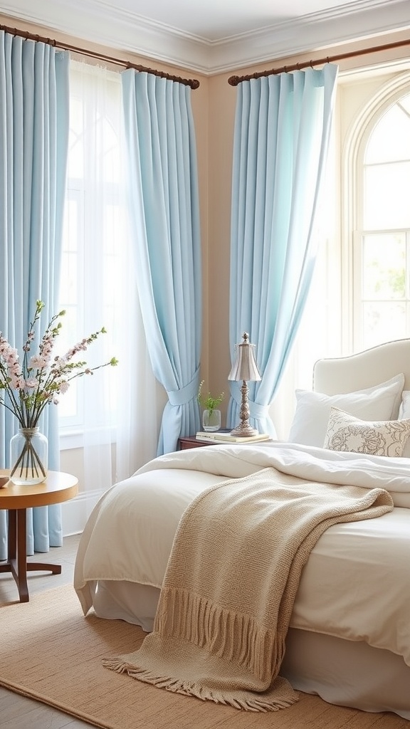 A bedroom with soft powder blue drapes on beige walls, featuring a bed and a nightstand.