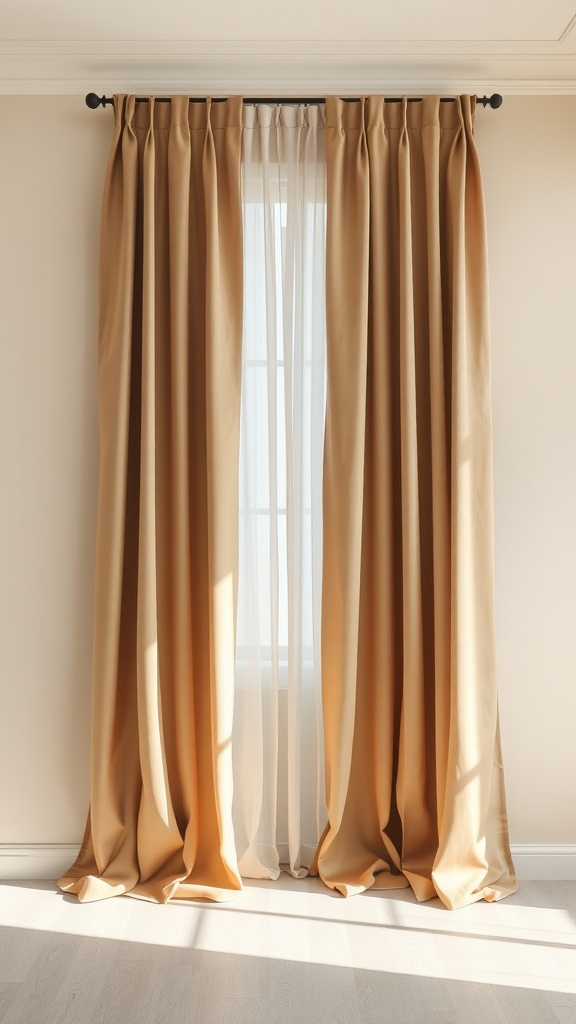 Soft taupe drapes hanging in front of a window with beige walls.