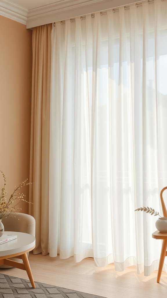 A corner of a room featuring soft white curtains, beige walls, and a minimalistic decor setup.