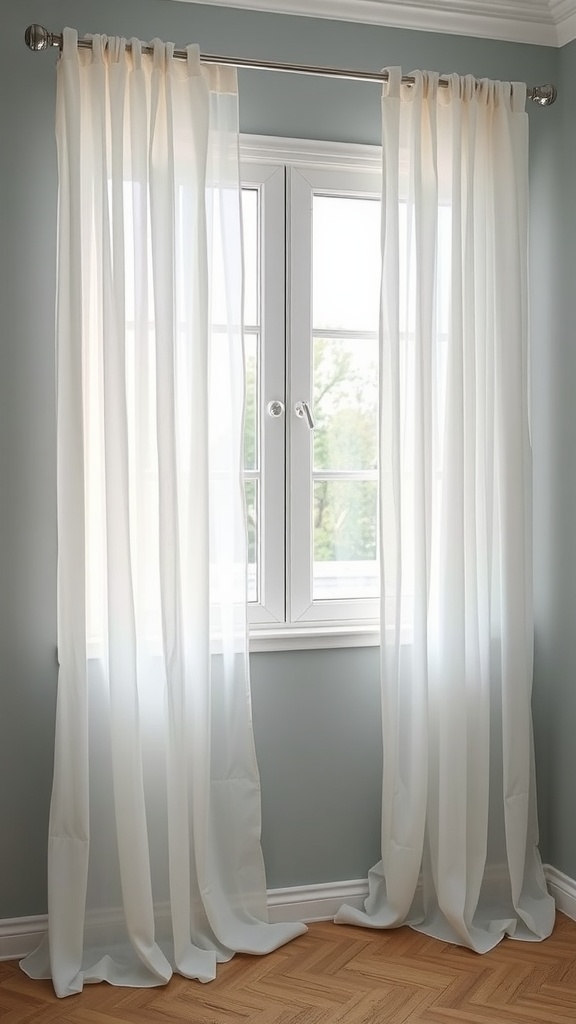 Soft white sheer curtains hanging in front of a window with grey walls, allowing natural light to filter through.