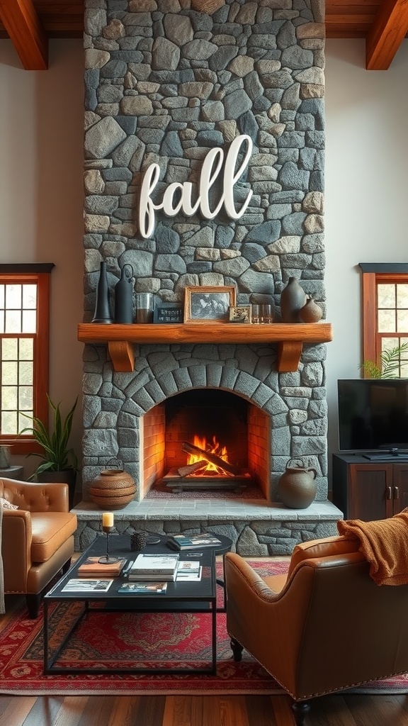 Cozy living room featuring a stone fireplace with a warm fire and rustic decor.