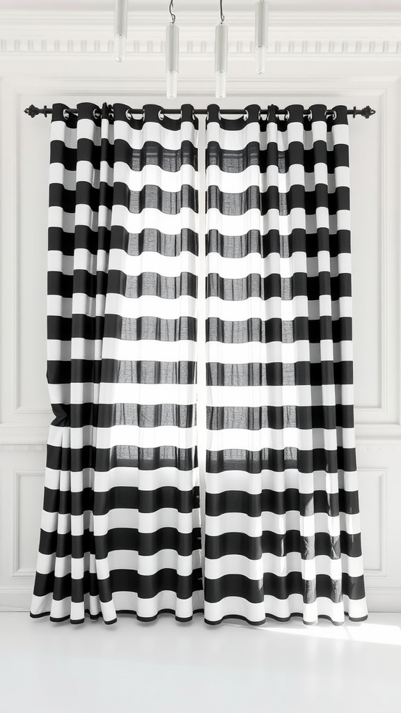 Black and white striped curtains in a bright room