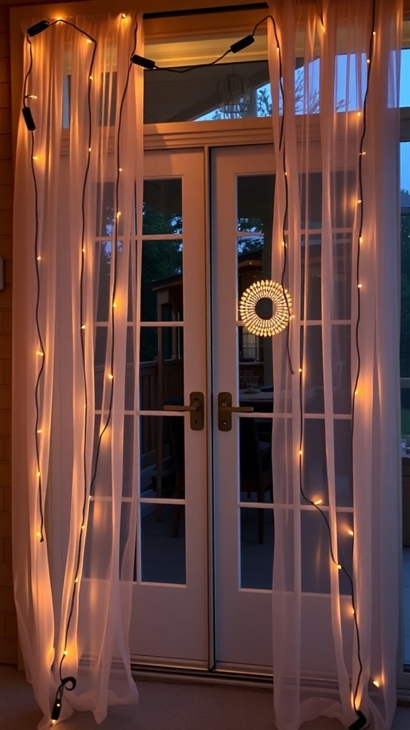 A patio door decorated with sheer curtains and string lights, creating a warm and inviting atmosphere.