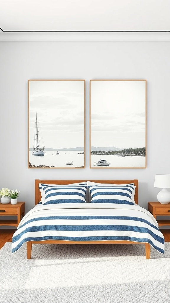 A cozy bedroom featuring striped canvas panels, a striped duvet, and nautical-themed artwork.