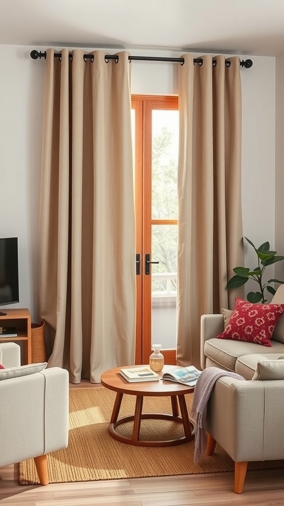 A cozy living room with sturdy canvas curtains framing a bright window.