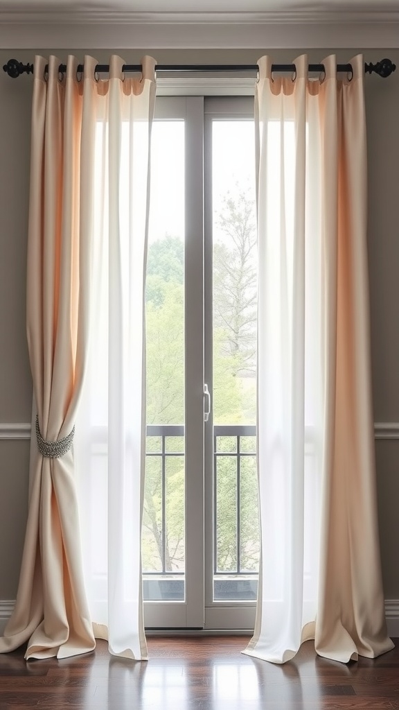 Stylish grommet top curtains in cream and peach tones, framing sliding glass door.