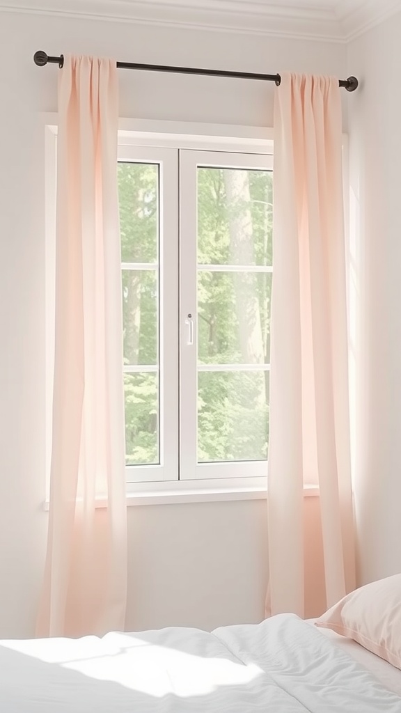 A bedroom with blush pink curtains hanging from a black rod over a window, illuminating the room with soft sunlight.