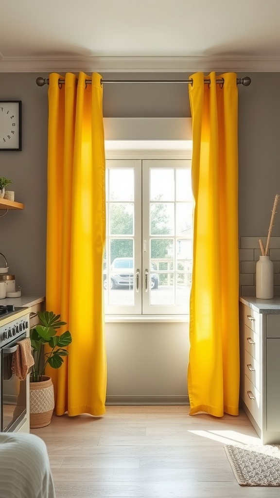 Sunny yellow grommet curtains framing a window in a kitchen with grey walls